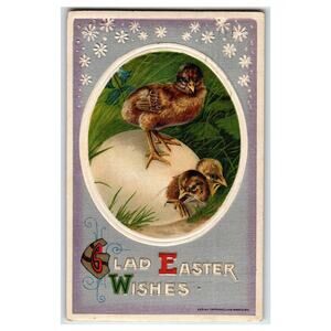 Vintage "Glad Easter Wishes" Chick Easter Egg Postcard - 1911